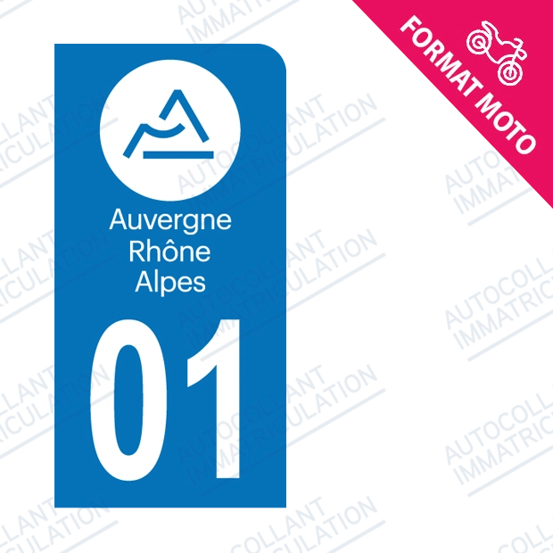 Moto - Autocollant immatriculation 01 - Ain - Nouvelle région Auvergne Rhône Alpes new