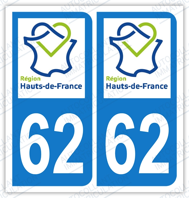 Auto - Sticker immatriculation 62 - Nouvelle région Hauts-de-France