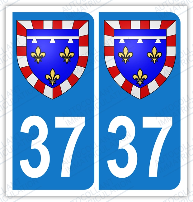Auto - Autocollant plaque immatriculation 37 - Blason centre val de loire