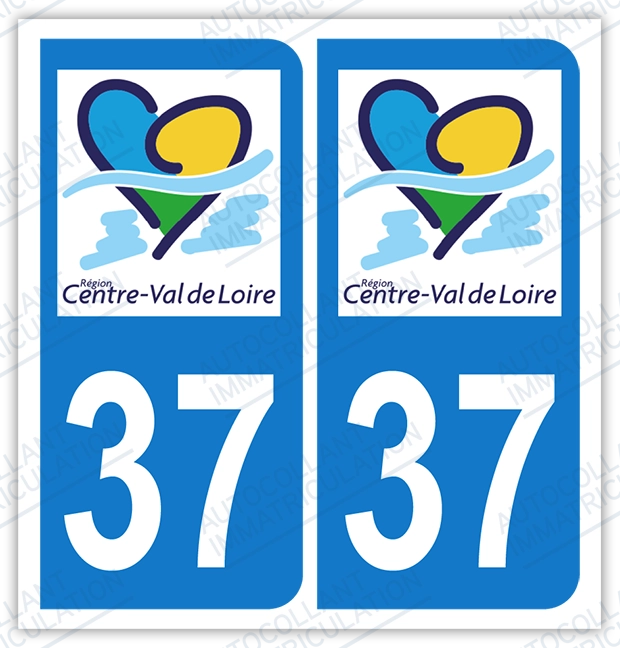 Auto - Autocollant plaque immatriculation 37 - Centre - Val de Loire
