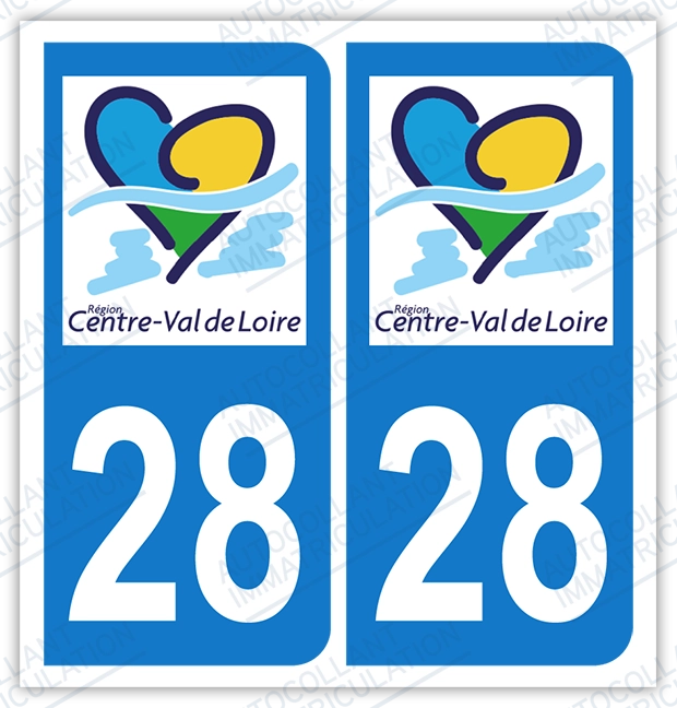 Auto - Autocollant plaque immatriculation 28 - Centre - Val de Loire