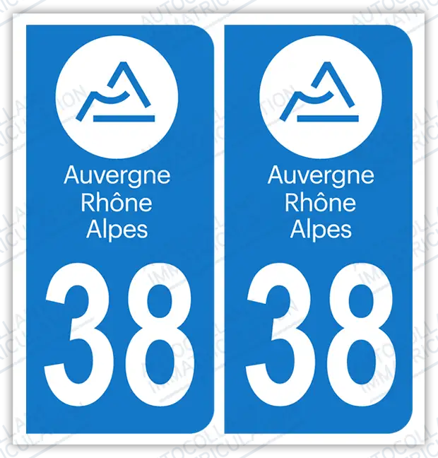 Autocollant plaque immatriculation 38 Auvergne-Rhône-Alpes
