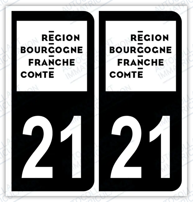 Auto - Autocollant immatriculation 21 - Nouvelle région Bourgogne Franche-Comté