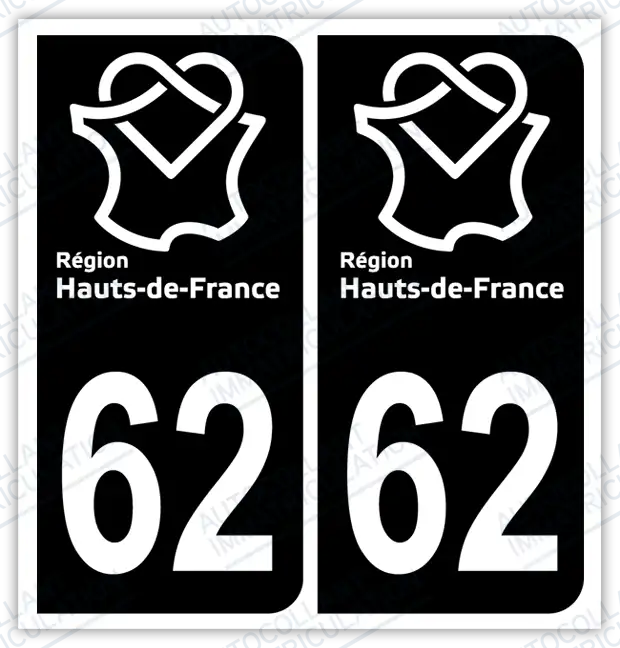 Auto - Autocollant immatriculation 62 - Nouvelle région Hauts-de-France