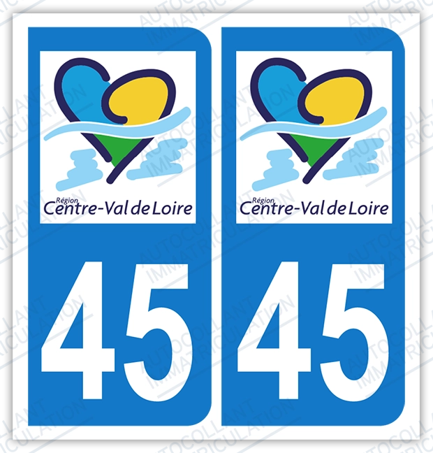 Auto - Autocollant plaque immatriculation 45 - Centre - Val de Loire
