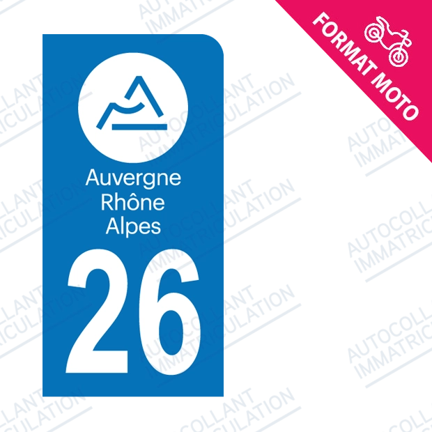 Moto - Sticker immatriculation 26 - Drôme - Nouvelle région Auvergne Rhône Alpes new