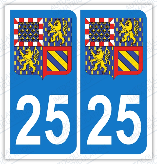 Autocollants Immatriculation Département 25 Doubs - Logo Bourgogne Franche-Comté - Lot De 2 Stickers