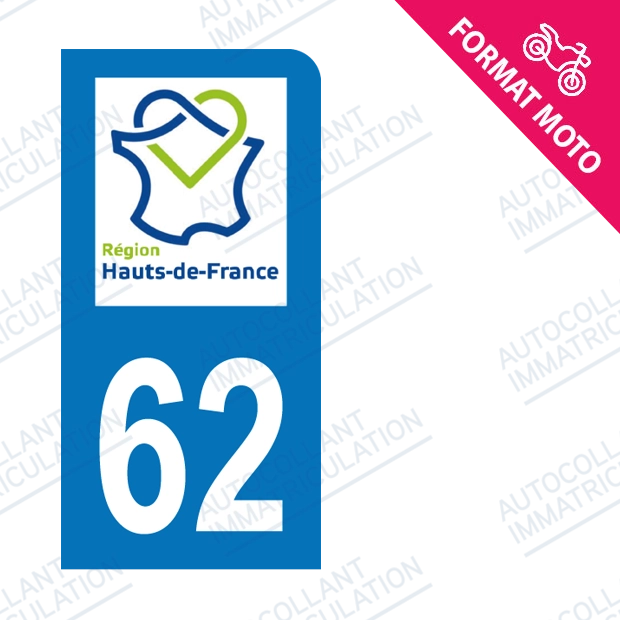Moto - Sticker immatriculation 62 - Nouvelle région Hauts-de-France new